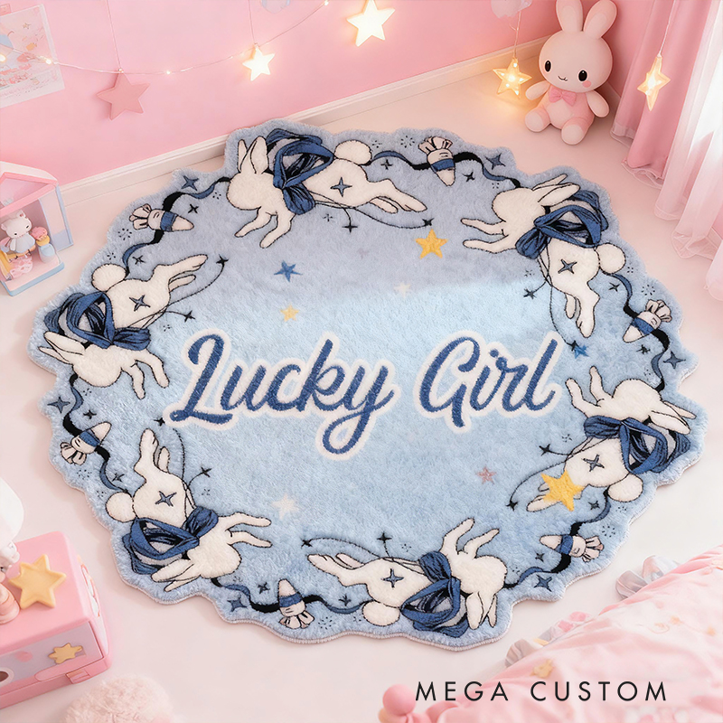 Personalized Bunny Moon Name Custom Soft Decorative Gift Blue Starry Style Cute Dream Lovely Night Sky Cozy Bedroom Sweet Magic Floor Mat Carpet Rug for Kids