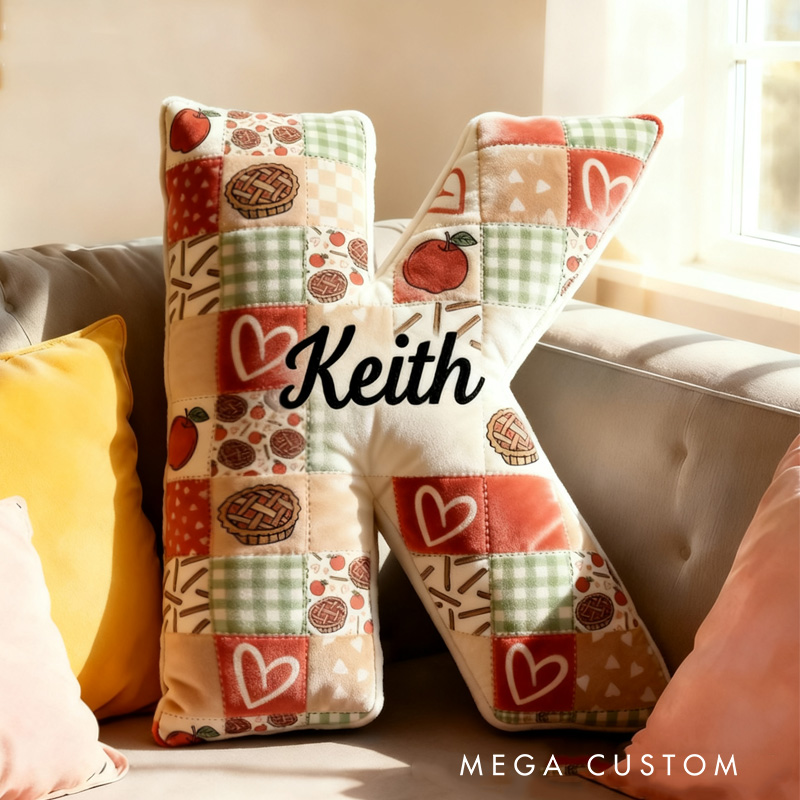 Personalized Apple Pie Patchwork Alphabet Throw Pillow Baking Lover Letter Pillow with Name for Kids Girl Boy Baker Christmas Gifts Loving Room Decor