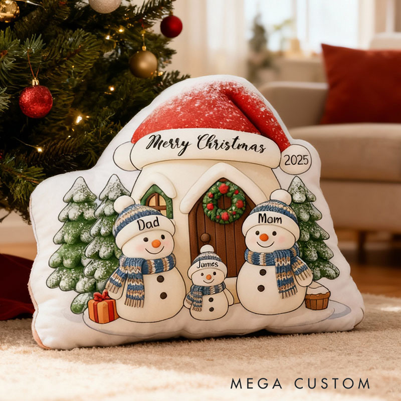 Personalized Christmas Pillow Graphic 3D Print Custom Family Names Cozy Holiday Decor with Snowman Family and Festive House Soft Accent Cushion Gift