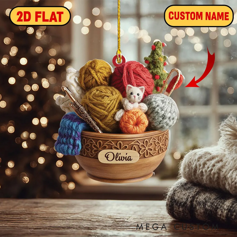Personalized Crochet Ornament Yarn Bowl Christmas Ornament Acrylic Holiday Decor for Crochet Lover