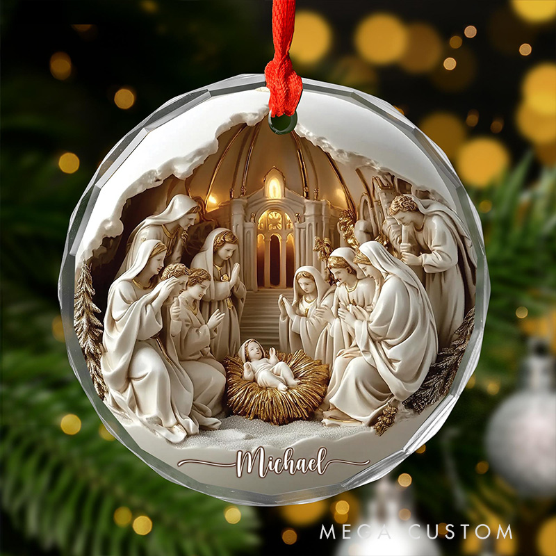 Personalized Nativitys Scene Christmas Round Heart Shaped Glass Ornament with Custom Name Regilious Christmas Tree Decor Christian for Christmas Gift