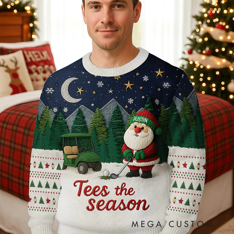 Personalized "Tees the Season" Golf Christmas Sweatshirt with Santa and Custom Name for Golf Enthusiasts