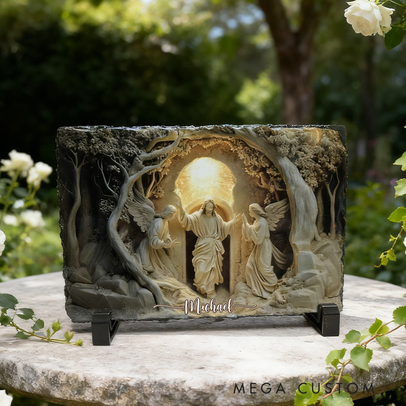 Personalized Jesus Rising Tomb Slate Plaque with Custom Name Easter Decor with Angels Christian Holiday Garden Stone Easter Gift