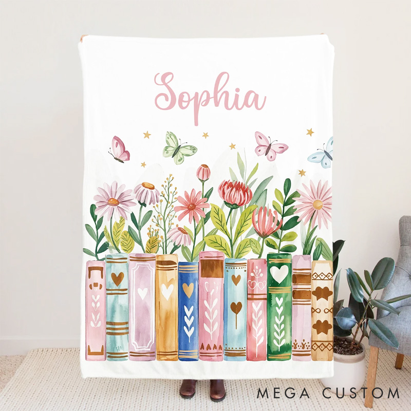 Personalized Flower Reading Nook Book Soft Throw Blanket with Name Reading Corner Daily Use Birthday Gift for Book Lovers