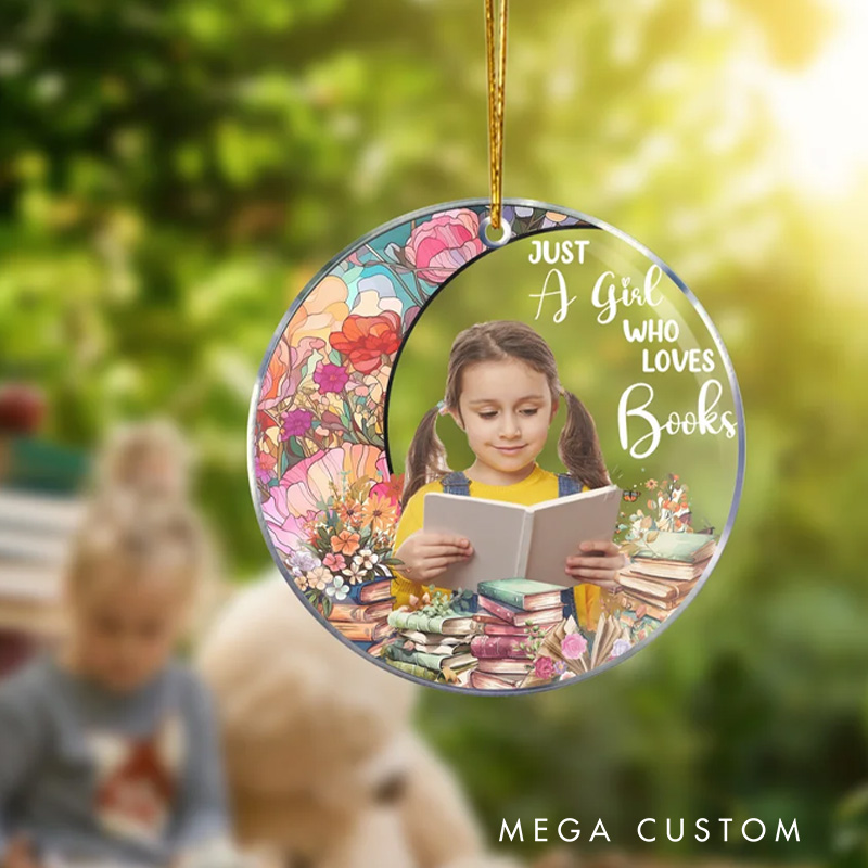 Personalized Just a Girl Who Loves Books Acrylic Ornament with Photo Moon Flower Christmas Gift for Daughter Book Lovers Reader