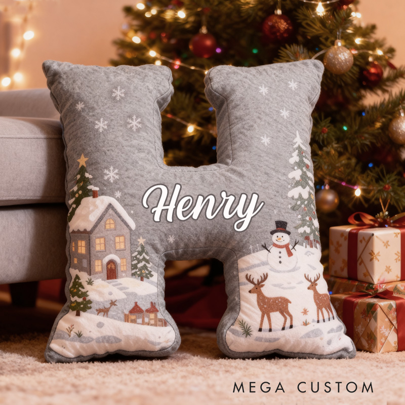 Personalized Christmas Gray Letter Pillow Graphic 3D Print Custom Name Cozy Holiday Decor with Winter Scene Snowman and Deer Design Soft Christmas Gift