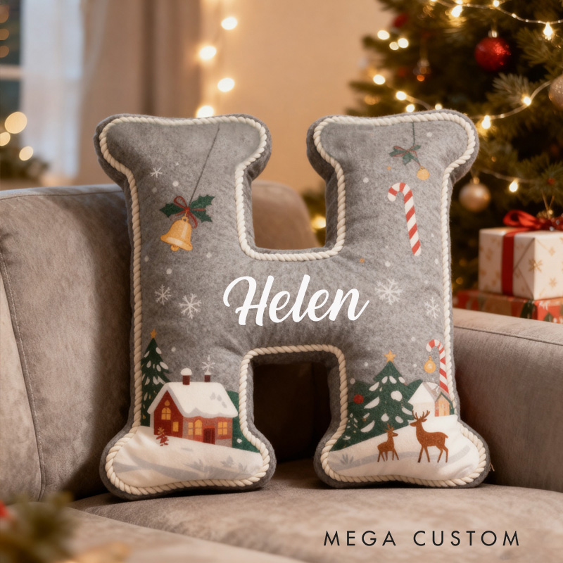 Personalized Christmas Letter Pillow Graphic 3D Print Custom Name Cozy Holiday Decor with Festive Winter Scene Candy Cane and Deer Design