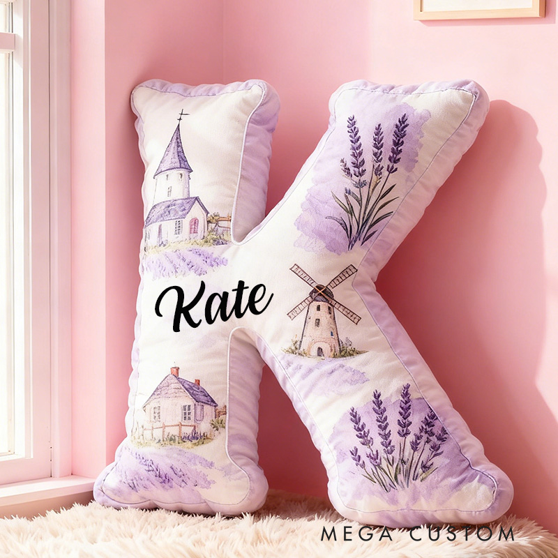 Personalized 26 Letter Pillow Graphic 3D Print Custom Name Cozy Home Decor with Lavender and Windmill Design Perfect Gift Idea for Any Room