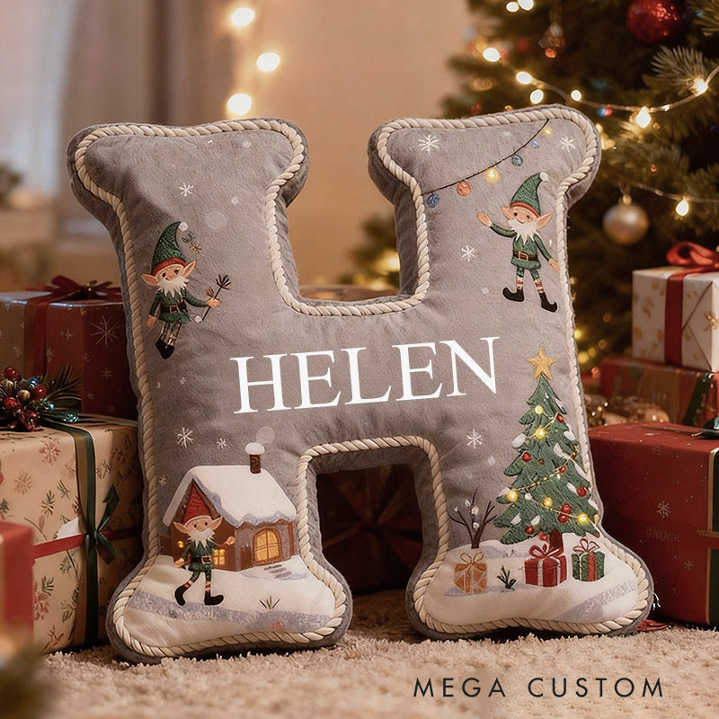 Personalized Gray Christmas Pillow Graphic 3D Print Custom Name Cozy Holiday Decor with Festive Elf and Christmas Tree Design Cushion Perfect Gift