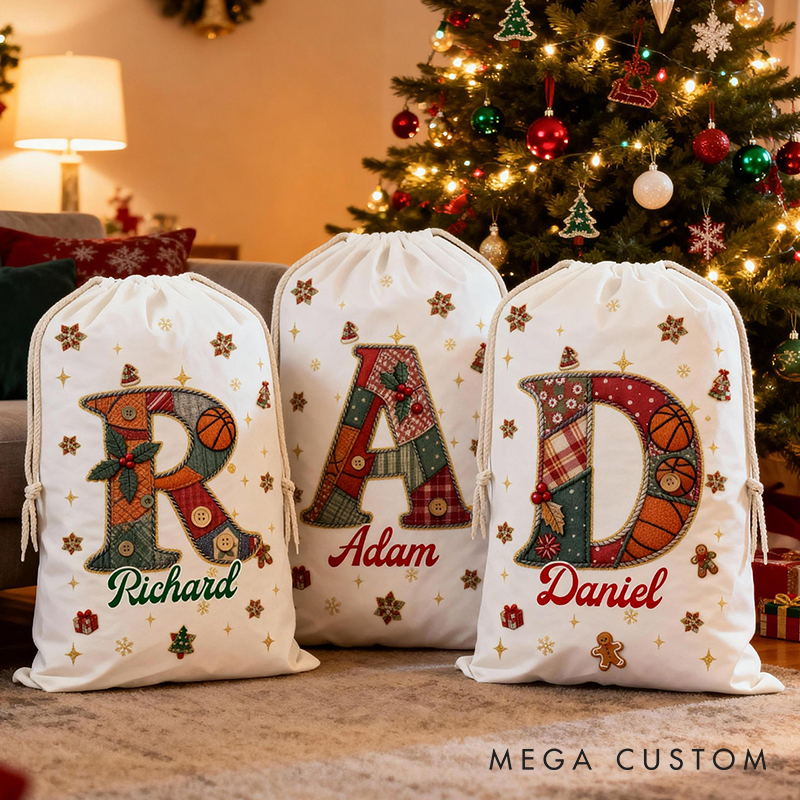 Personalized Christmas Santa Sack Featuring Basketball and Name Initial for Kids