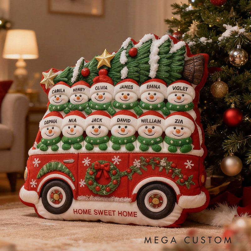 Personalized Christmas Pillow Graphic 3D Print Custom Family Names Cozy Holiday Decor with Snowman and Festive Bus Design Perfect Seasonal Gift Idea