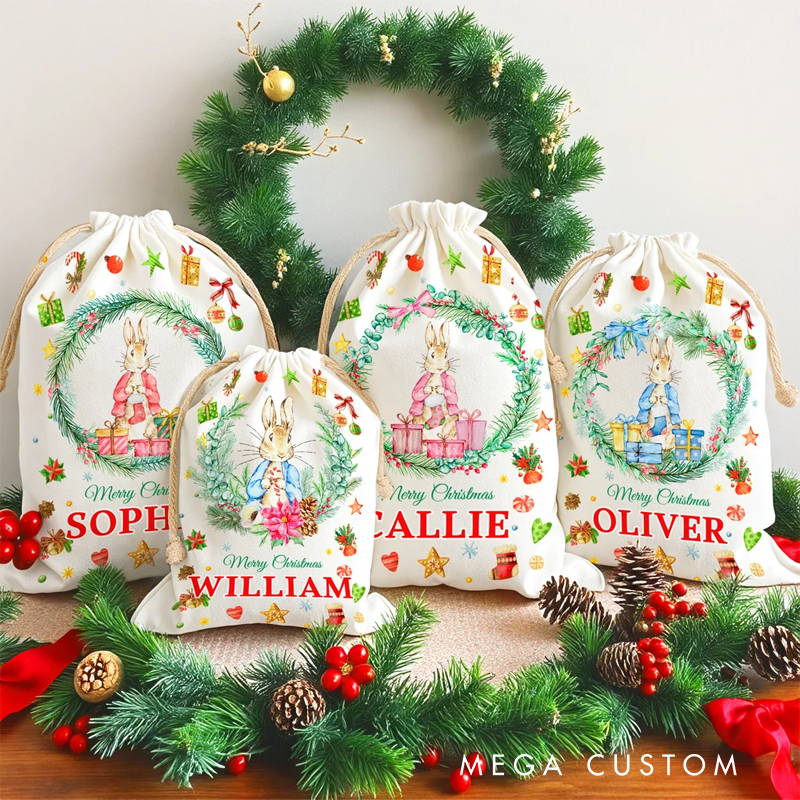 Personalized Cute Peter Rabbit Wreath Drawstring Christmas Gift Bag with Name Christmas Eve Party Gift for Kids Family Friends
