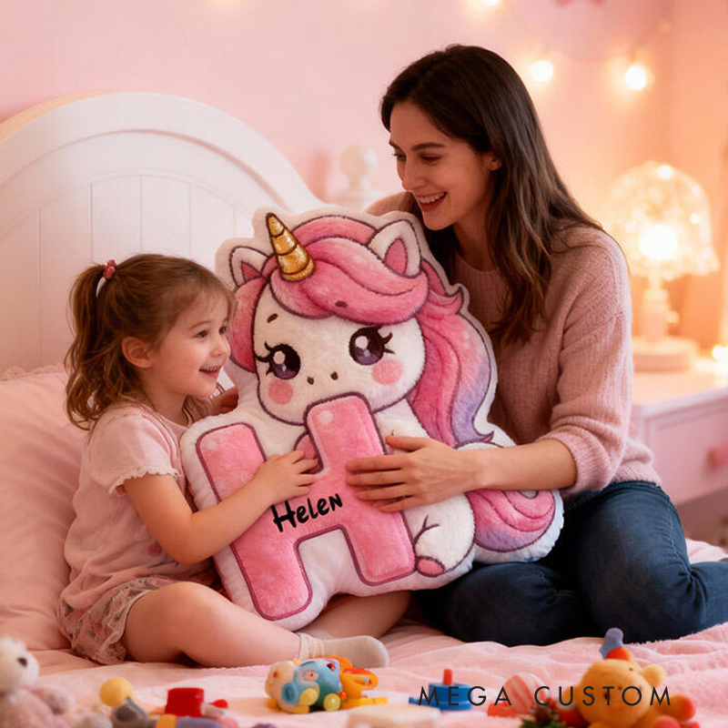 Personalized Unicorn Initial Name Custom Soft Decorative Gift Pink Cute Magical Style Lovely Pony Sweet Dream Cozy Bedroom Hug Pillow Fun Kids Room Graphic 3D Print Pillow