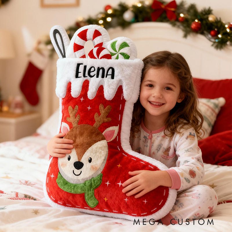 Personalized Christmas Stocking Name Custom Soft Decorative Gift Red Holiday Style Cute Reindeer Candy Cozy Winter Festive Room Lovely Joyful Graphic 3D Print Pillow