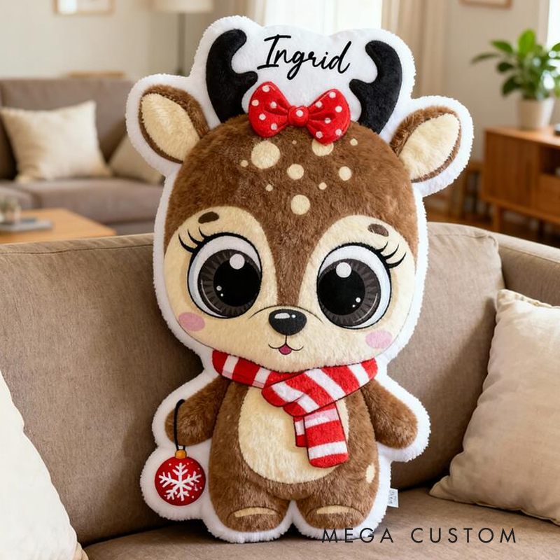 Personalized Reindeer Name Custom Soft Decorative Gift Brown Holiday Style Cute Winter Cozy Festive Lovely Animal Red Scarf Snow Fun Christmas Room Graphic 3D Print Pillow