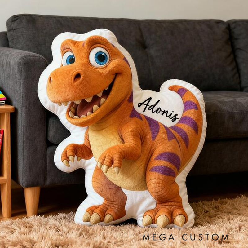 Personalized Dinosaur Name Custom Soft Decorative Gift Orange T Rex Style Fun Adventure Cute Cartoon Animal Playroom Cozy Boy Room Lovely Graphic 3D Print Pillow