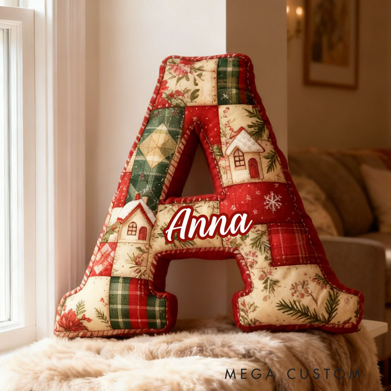 Personalized Retro Christmas Letter Pillow Graphic 3D Print Custom Name Cozy Holiday Decor with Patchwork and Cottage Design Perfect Seasonal Gift