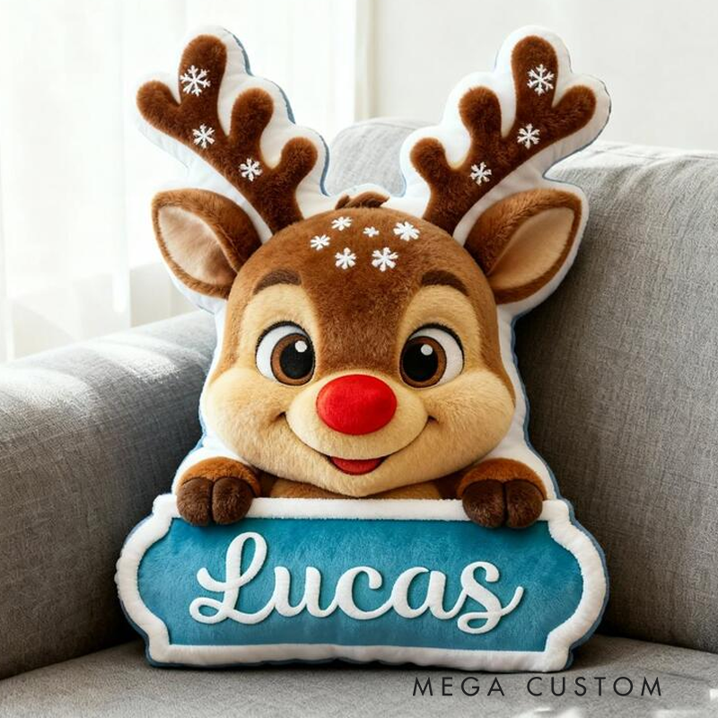 Personalized Reindeer Name Custom Soft Decorative Gift Red Nose Holiday Style Cute Winter Cozy Festive Joyful Lovely Christmas Room Fun Snowy Graphic 3D Print Pillow