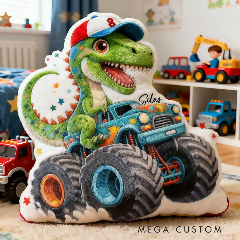 Personalized Dinosaur Truck Name Custom Soft Decorative Gift Green T Rex Style Fun Adventure Monster Car Cool Playroom Cozy Boy Room Exciting Graphic 3D Print Pillow