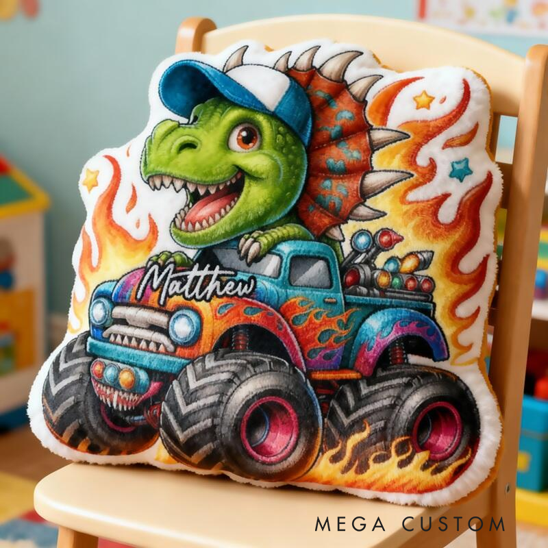Personalized Dinosaur Truck Name Custom Soft Decorative Gift Green Spinosaurus Style Fun Adventure Monster Car Cool Playroom Cozy Boy Room Exciting Graphic 3D Print Pillow