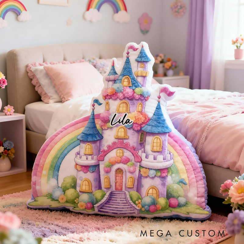 Personalized Rainbow Castle Name Custom Soft Decorative Gift Colorful Fairytale Style Cute Magical Dream Princess Cozy Bedroom Lovely Fantasy Playroom Graphic 3D Print Pillow