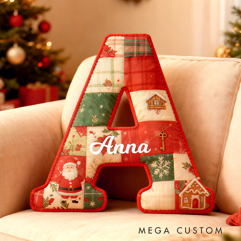 Personalized Initial Pillow Graphic 3D Print Christmas Patchwork Letters Custom Name Pillow Festive Holiday Decor Housewarming Gift for Family and Kids