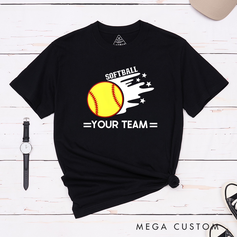 Personalized Softball Team T-Shirt Design Featuring Customizable Team Name Bold Motion Trail Graphic with Stars and Striking Softball Element