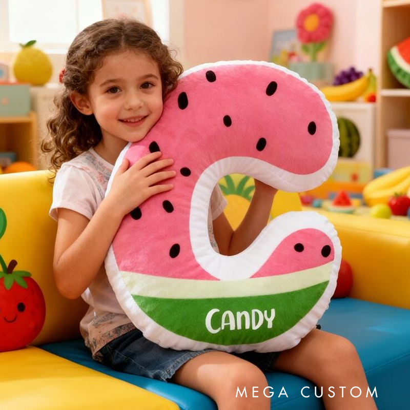 Personalized Watermelon Letter Name Custom Soft Decorative Gift Fruit Style Cute Summer Fresh Sweet Cozy Playroom Lovely Kids Room Fun Colorful Graphic 3D Print Pillow