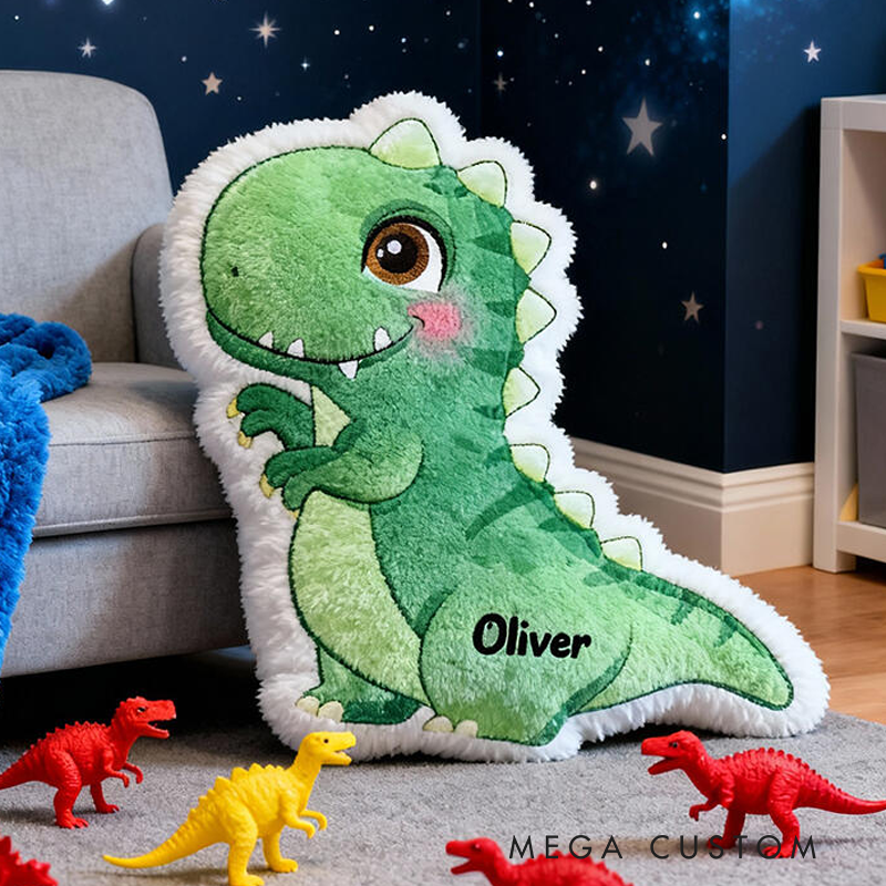 Personalized Green Dino Name Custom Soft Decorative Gift Cute T Rex Style Fun Adventure Cozy Playroom Lovely Boy Room Jurassic Fantasy Friendly Creature Graphic 3D Print Pillow