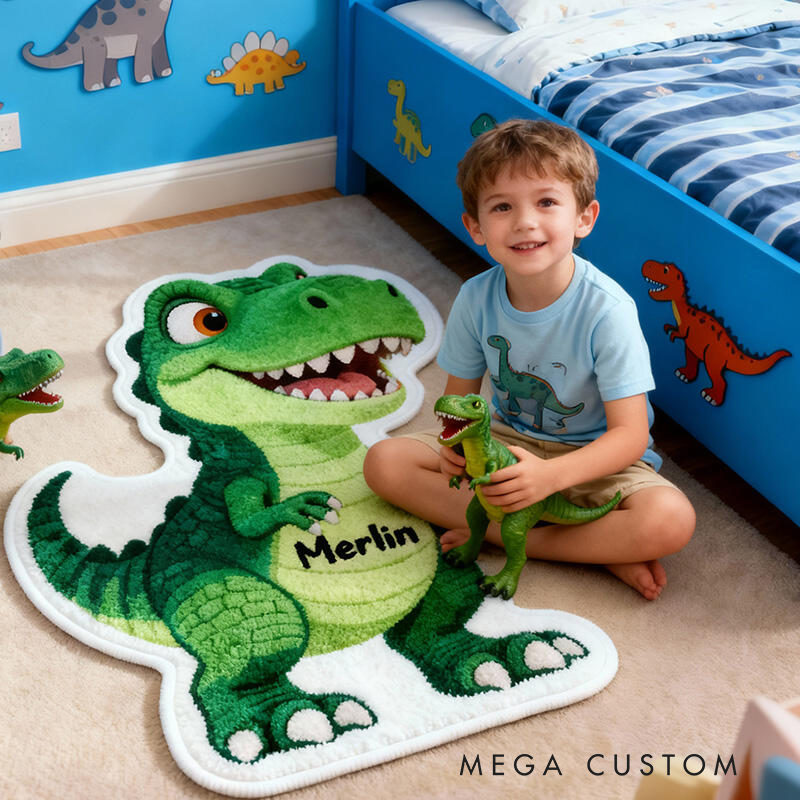 Personalized Dinosaur Name Custom Soft Decorative Gift Green T Rex Style Fun Adventure Playroom Cozy Boy Room Cute Jurassic Fantasy Friendly Creature Carpet Rug for Kids