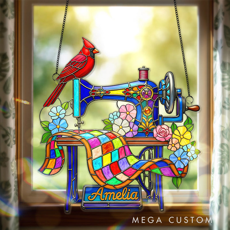 Personalized Cardinal Christmas Suncatcher Ornament Sewing Machine Gifts for Heaven Memorial Gift