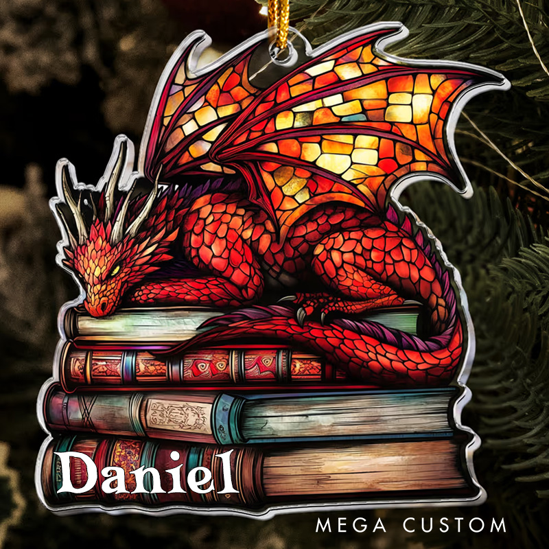Personalized Dragon Books Acrylic Ornament with Name Christmas Gift for Book Club Librarian Book Lovers Reader