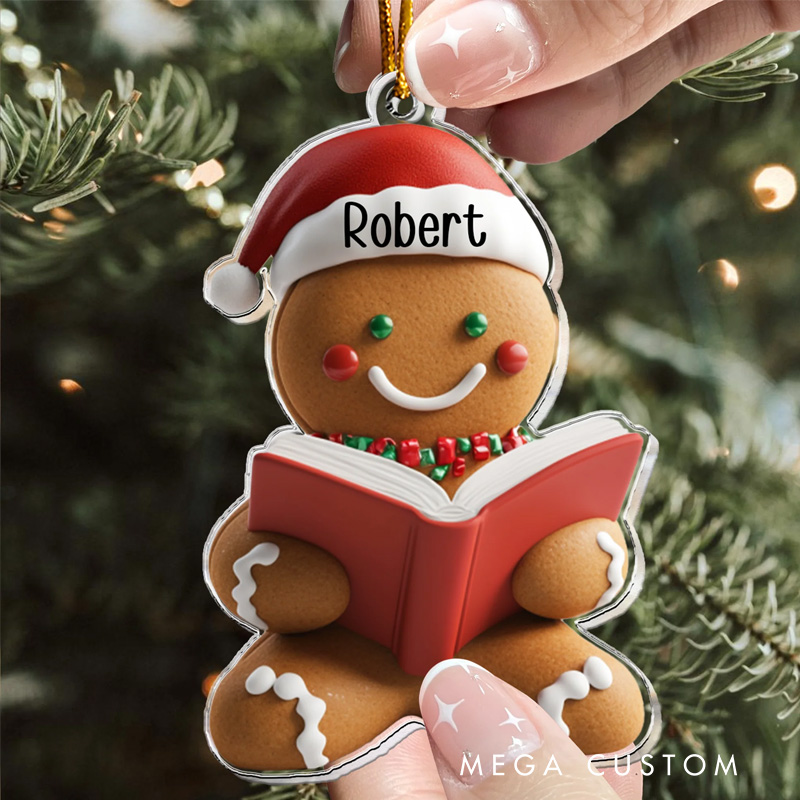 Personalized Reading Gingerbread Acrylic Ornament with Name Christmas Gift for Book Club Librarian Book Lovers Reader
