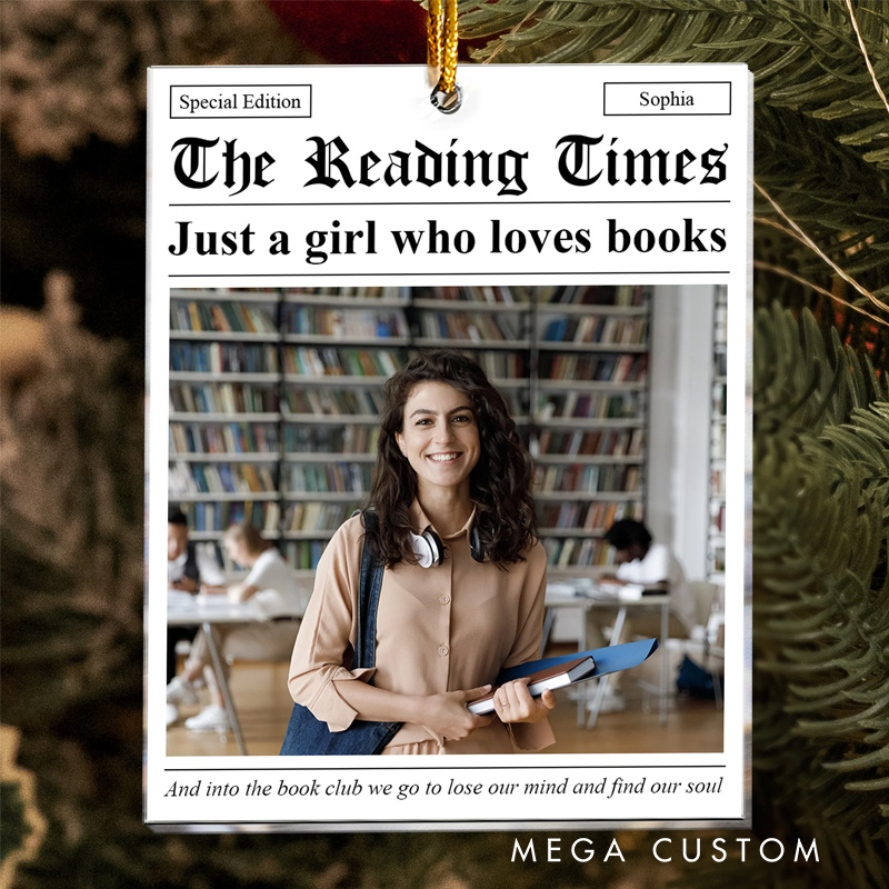Personalized Just a Girl Who Loves Books Acrylic Photo Ornament with Name the Reading Times Book Lovers Newspaper Christmas Gift for Book Club Librarian Book Lovers