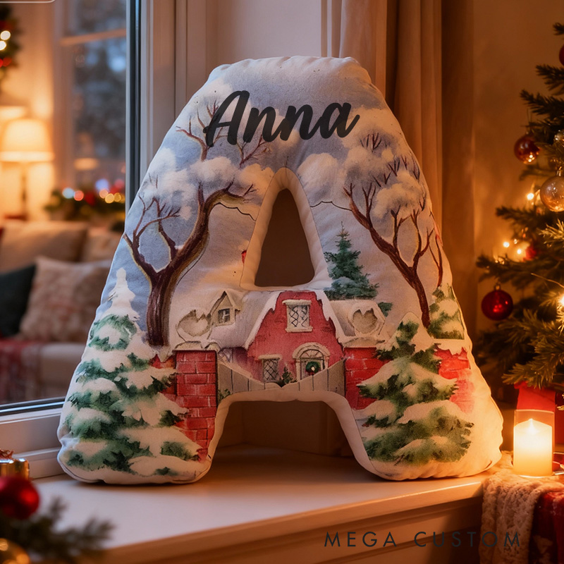 Personalized 26 Letter Pillow Graphic 3D Print Custom Name Cozy Holiday Decor with Winter Wonderland and Cabin Design Christmas Gifts