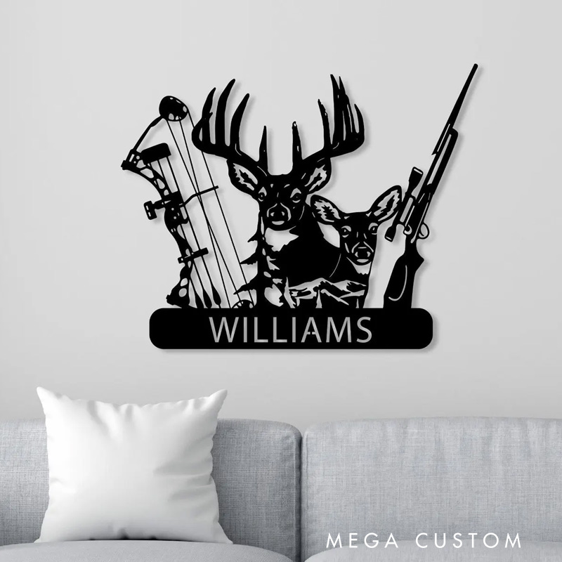 Personalized Custom Deer Hunter Metal Sign Bow and Hunting Rifle Sign Deer Hunting Wall Hanging Cabin Sign Husband Hunter Gift Fathers Day Gift