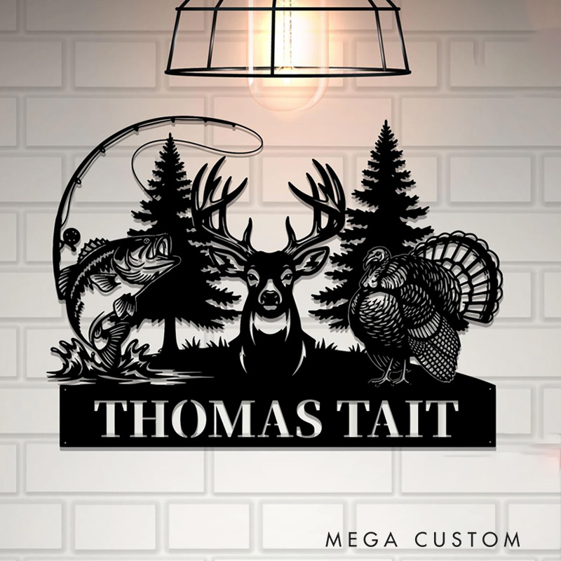 Personalized Hunting Name Metal Sign Custom Deer Turkey & Bass Fishing Wall Art Outdoor Hunting Decor Hunter Gift