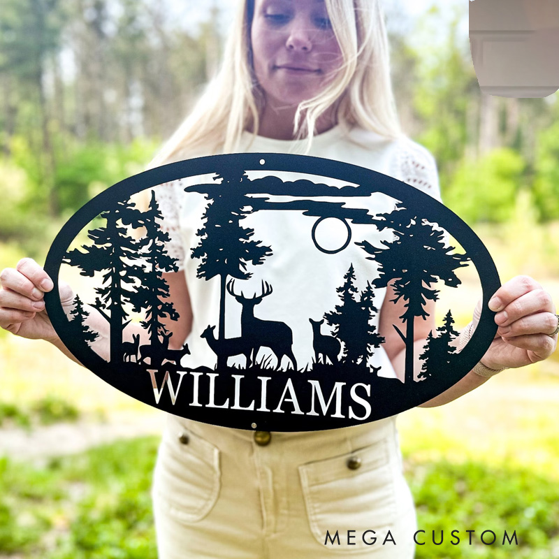 Personalized Oval Deer Metal Cabin Sign Outdoor Hunting Deer Hunter Gift Custom Family Name Sign Last Name Deer Monogram Cabin Decor