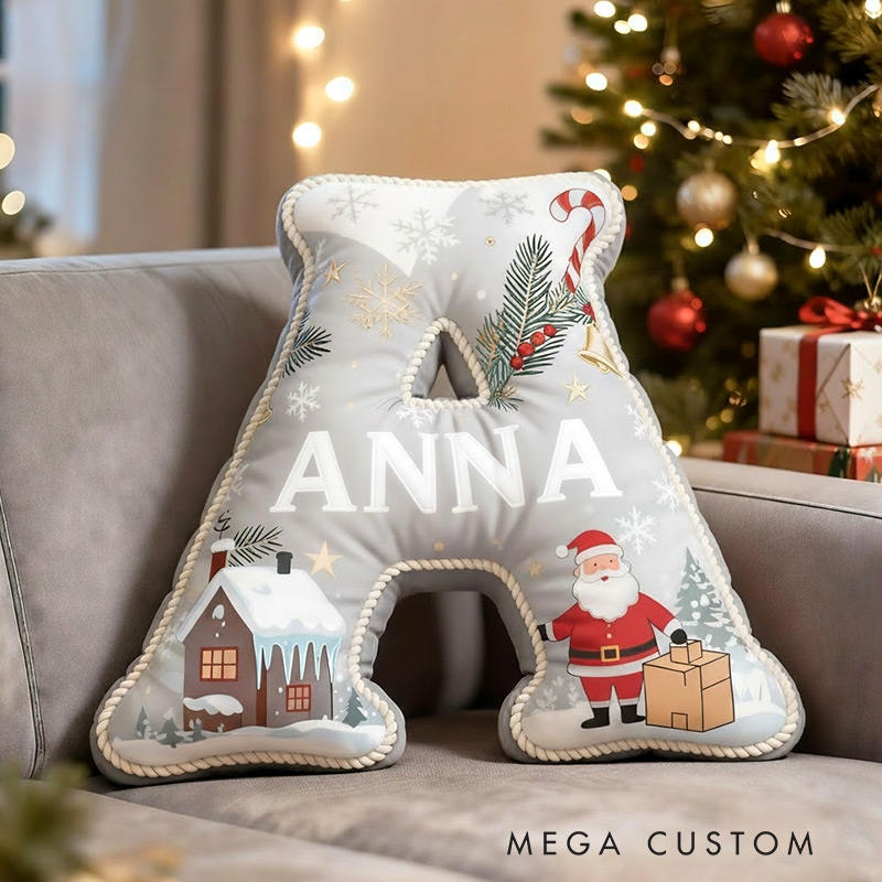 Personalized Christmas Initial Pillow Graphic 3D Print Custom Name Pillow Festive Holiday Retro Decor Housewarming Gift for Family and Kids