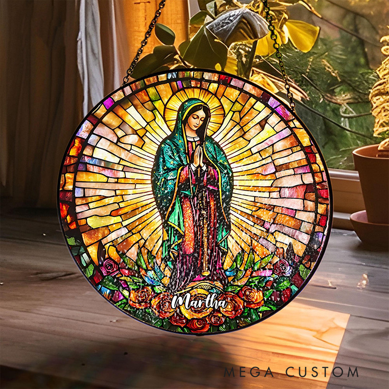 Personalized Our Lady of Guadalupe Stained Glass Suncatcher Ornament with Name Window Hanging Decor Virgin Mary Faux Stained Glass Art Catholic Gift