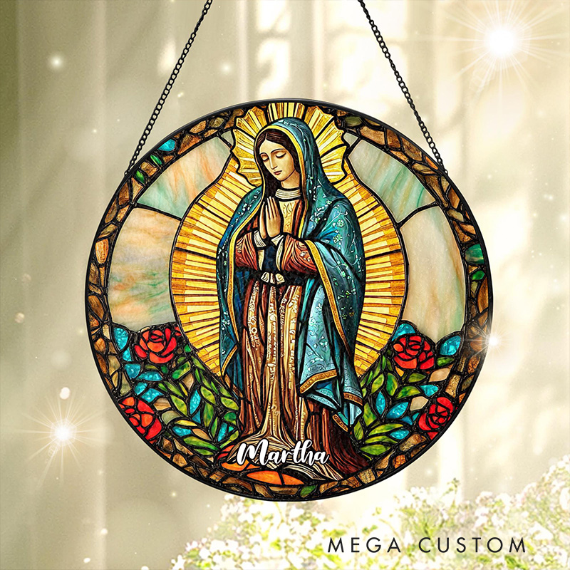 Personalized Our Lady of Guadalupe Stained Glass Suncatcher Ornament with Name Window Hanging Decor Virgin Mary Art Religious Gift Catholic Gift