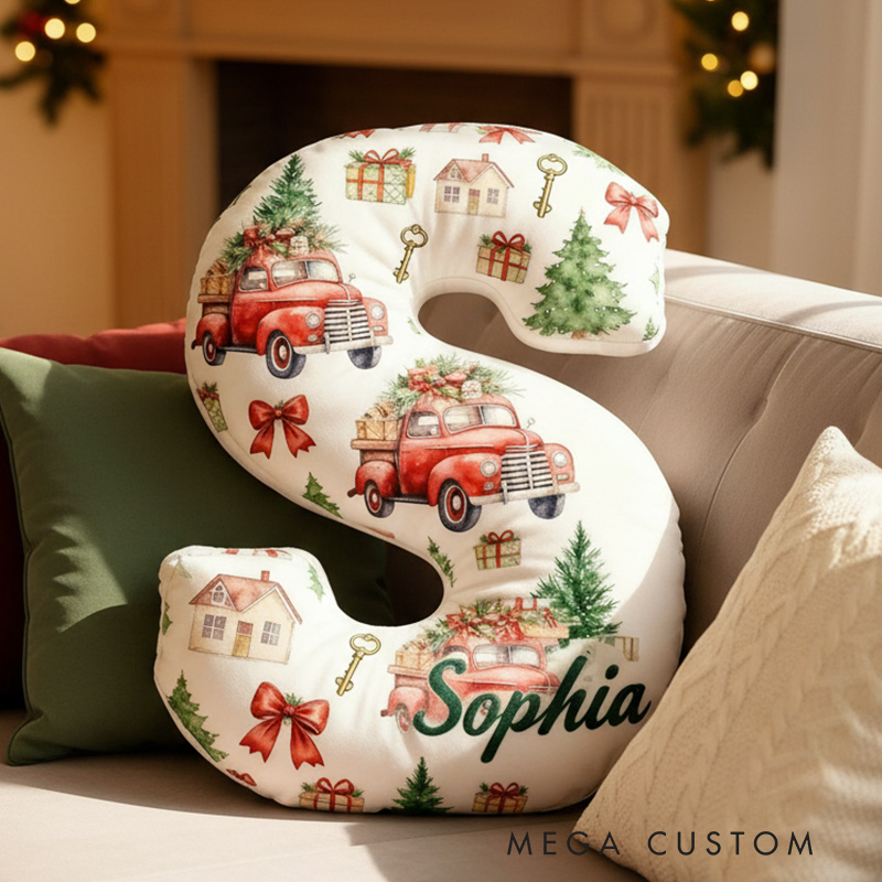 Personalized Christmas Initial Pillow Graphic 3D Print Christmas Truck Custom Name Pillow Festive Holiday Pillow Housewarming Gift Family Gift 