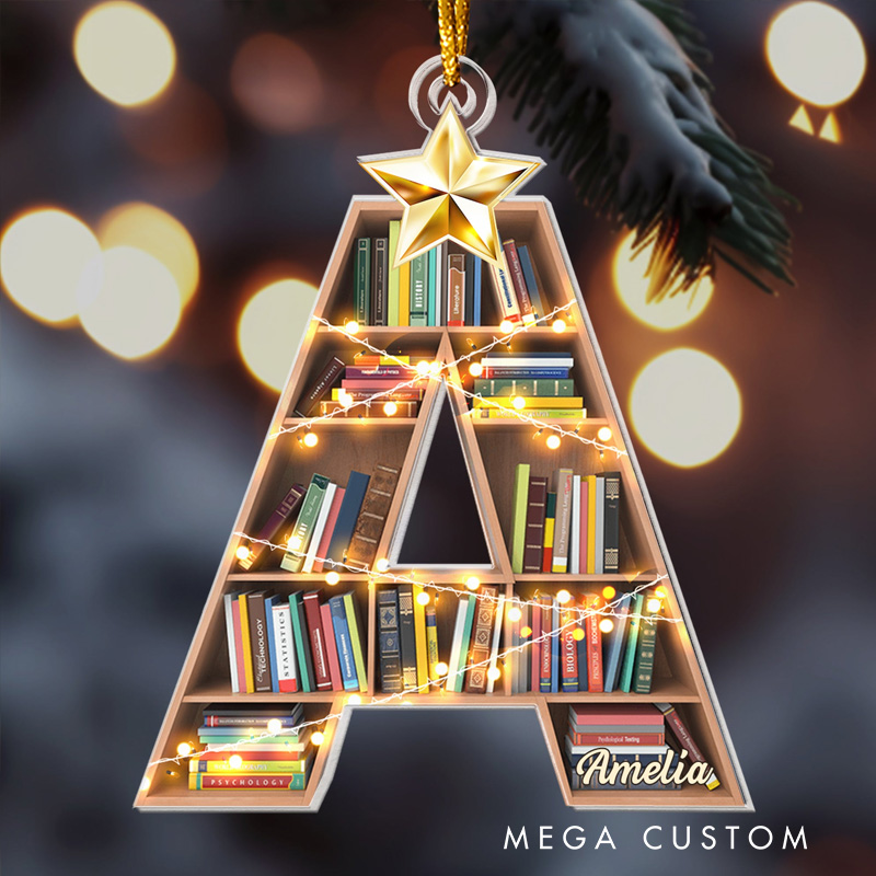 Personalized Bookshelf Acrylic Ornament with Name Bookish Letter Christmas Ornament Gift for Book Club Librarian Book Lovers