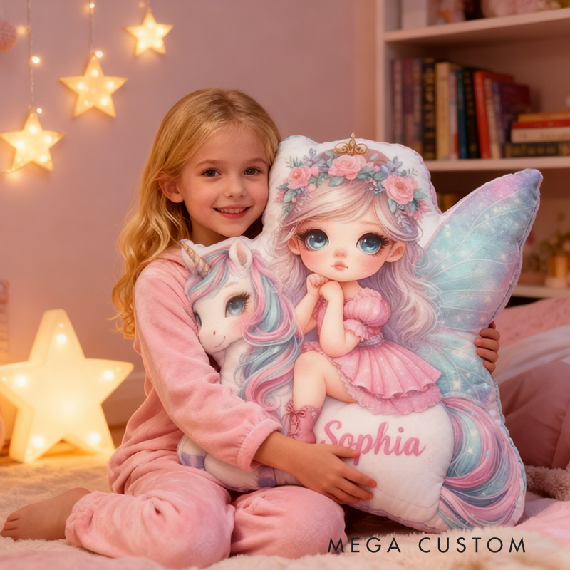 Personalized Name Fairy Christmas Gift Pillow Pastel Colors Custom Name and Whimsical Fantasy Style Graphic 3D Print Pillow for Kids
