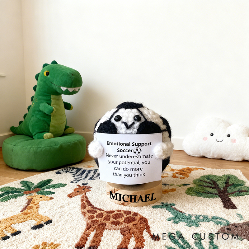Personalized Crochet Soccer Ball Plush with Custom Name and Encouraging Quote Cheer Up Gift For Soccer Ball Team Player