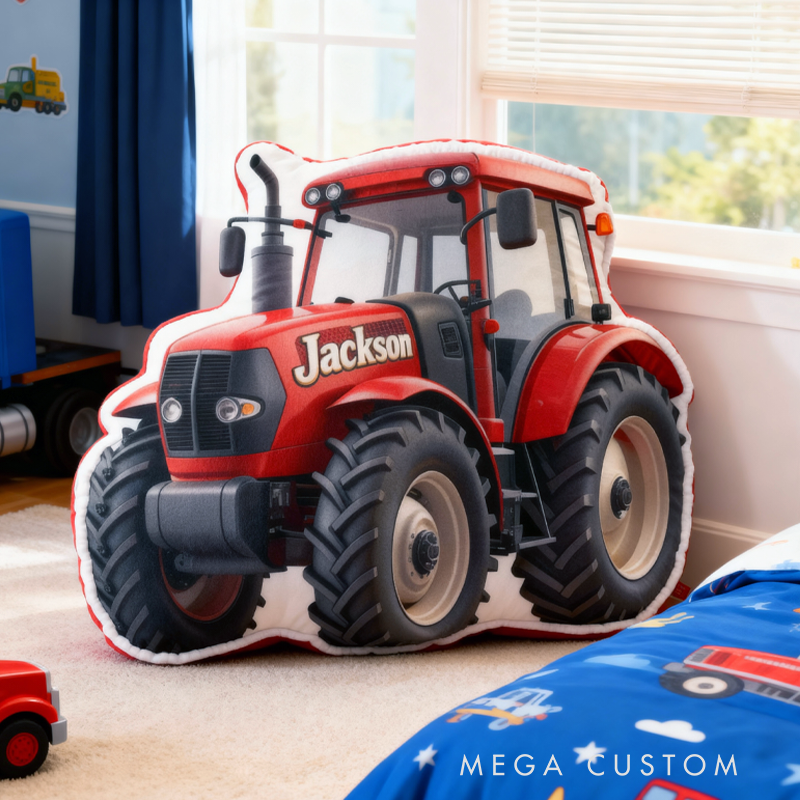 Personalized Red Tractors with Name Graphic 3D Print Pillow Christmas Gift for Kids or Baby Birthday Gift