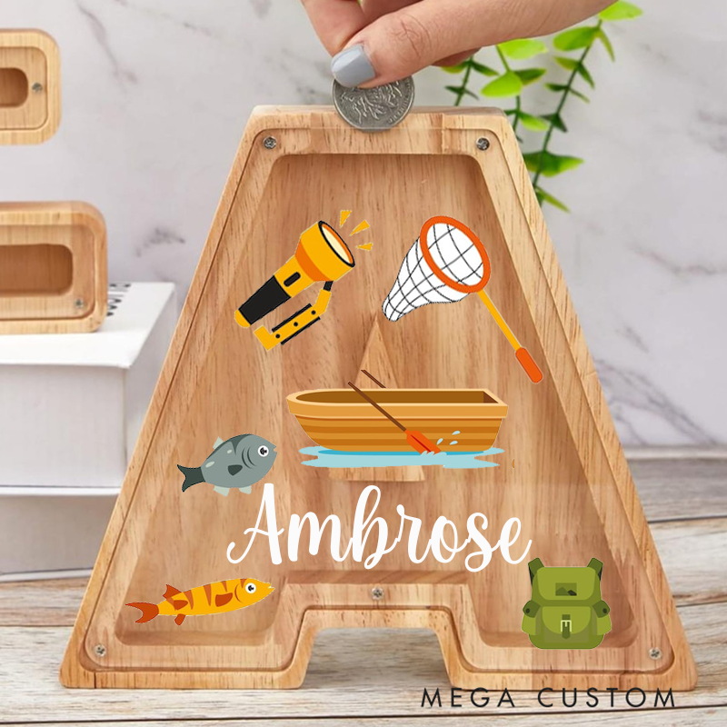 Personalized Fishing Themed Wooden Letter Piggy Bank Fun Boat and Fishing Gear Design Custom Name Perfect Gift for Kids and Anglers