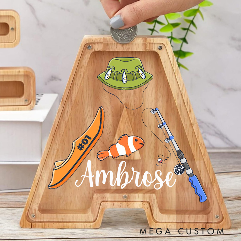 Personalized Fishing Themed Wooden Letter Piggy Bank Fun Fishing Hat Rod and Boat Design Custom Name Perfect Gift for Kids and Anglers