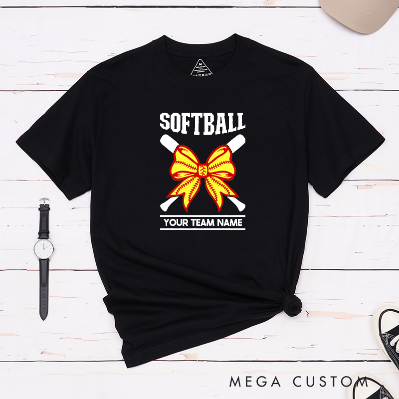Personalized Softball Team T-Shirt Design Featuring Customizable Team Name Striking Softball Bow Graphic and Crossed Bats