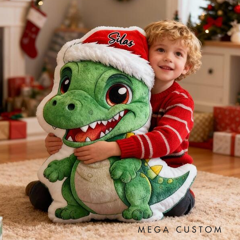 Personalized Christmas Dino Name Custom Soft Decorative Gift Green T Rex Style Cute Holiday Fun Cozy Playroom Lovely Boy Room Festive Cheerful Santa Hat Graphic 3D Print Pillow